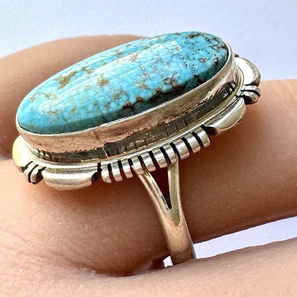 Navajo Sonoran Gold Turquoise Ring Sz 9 Sterling Norvin Johnson Shine Fluted - Picture 5 of 12
